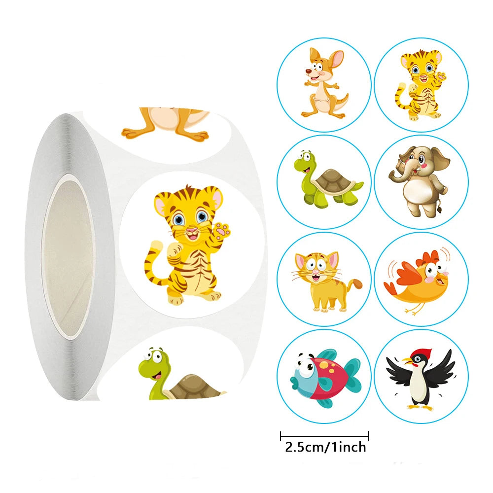 100-500pcs Round Cartoon Animal stickers for kids Teacher Reward Encourage Sticker Office Stationery for Children 1inch