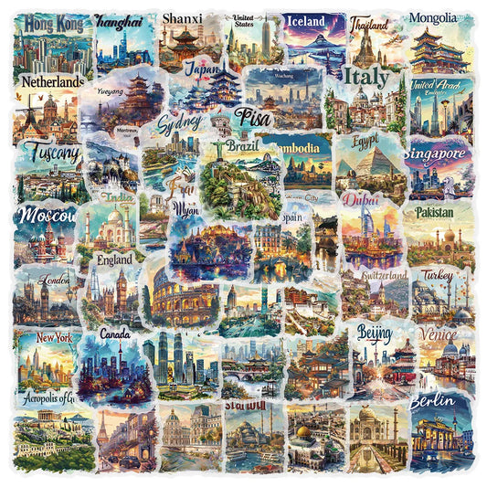 50pcs Travel Cartoon Postcard Graffiti Stickers for Helmet, Wall, DIY Decoration