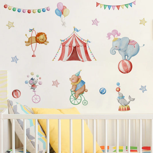 Watercolor Circus Elephant Mouse Rabbit Wall Stickers Kids Nursery Decor