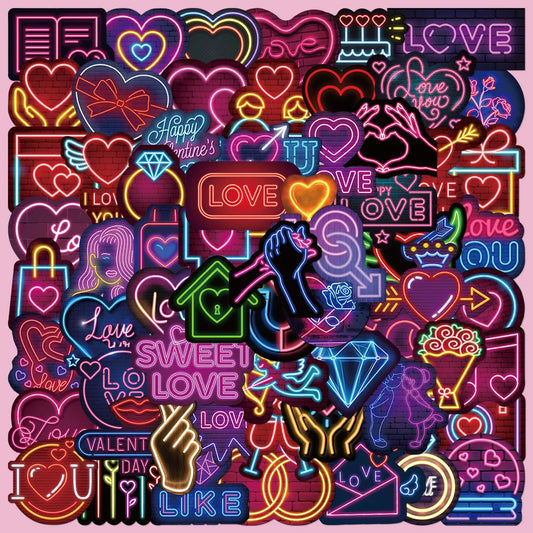 64 Neon Love Graffiti Stickers for Helmet, Desktop, Wall Decoration, DIY
