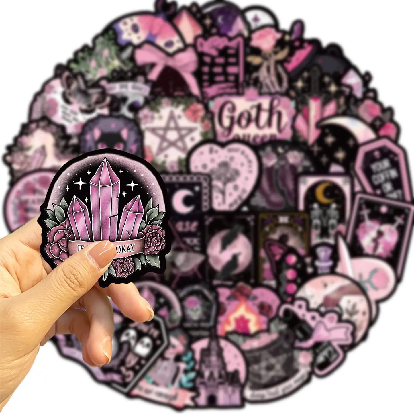 10/50pcs Cool Dark Pink Gothic Skull Graffiti Stickers Halloween Tarot Goth Decals DIY Scrapbook Luggage Waterproof PVC Sticker