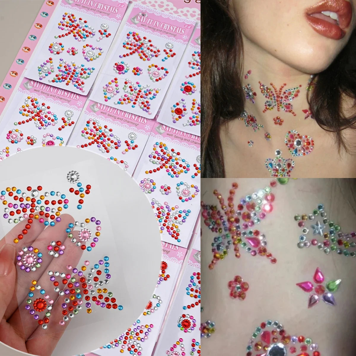 3D Rhinestone Face Stickers - 12Pcs Temporary Tattoos