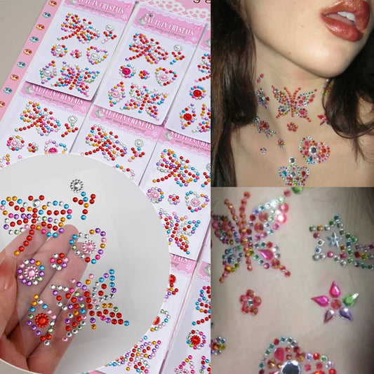 3D Rhinestone Face Stickers - 12Pcs Temporary Tattoos