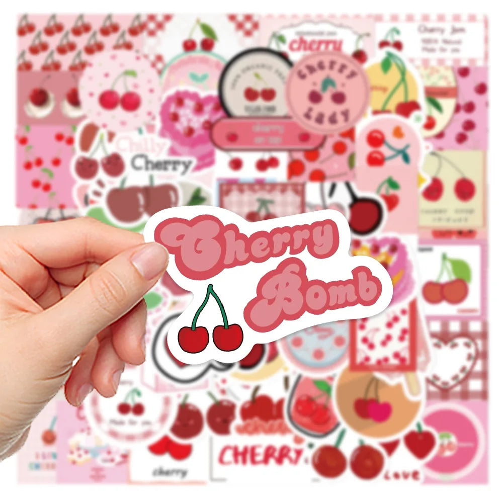 Pink Heart Cherry Cartoon Stickers for Fridge Laptop Luggage Skateboard