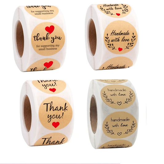 50-500pcs Round Natural Kraft Handmade Heart Thank You Stickers Scrapbooking For Gift Baking Package Adhesive Sticker Seal Label
