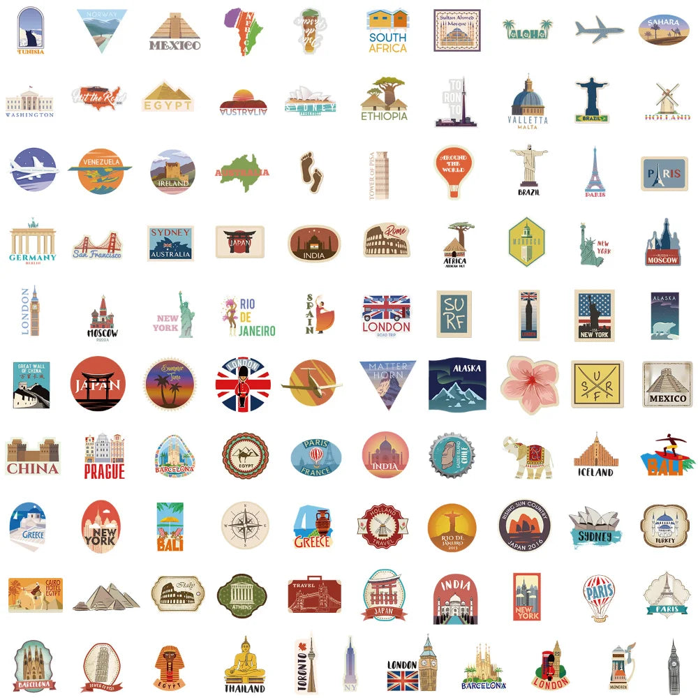 100Pcs Global Travel City Landscape Stickers DIY Toys Stationery Case Skateboard Laptop Guitar Pegatinas Decals Stickers