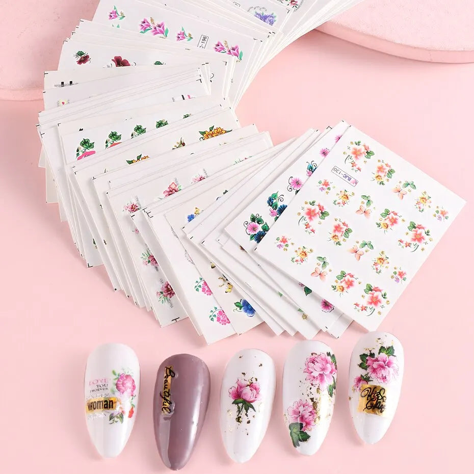 55pcs Floral Lace Nail Stickers Set Glitter Charms Decals for Manicure Decorations