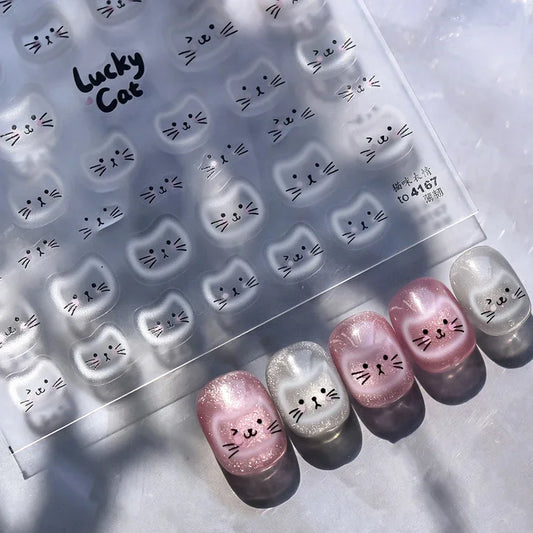 Cat Face Nail Art Stickers - Embossed Kitty Design