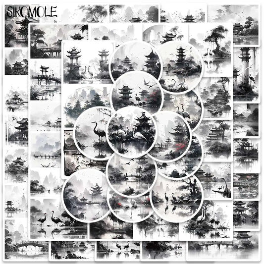 Black & White Ink Art Stickers: 10/30/50PCS for Luggage, Guitar, Fridge, Laptop, Kids Decals
