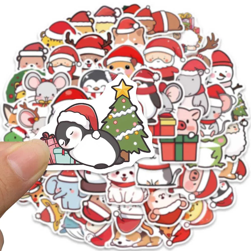 50pcs Cute Cartoon Merry Christmas Animals Stickers For Laptop Water Bottle Luggage Guitar Waterproof Graffiti Vinyl Decals