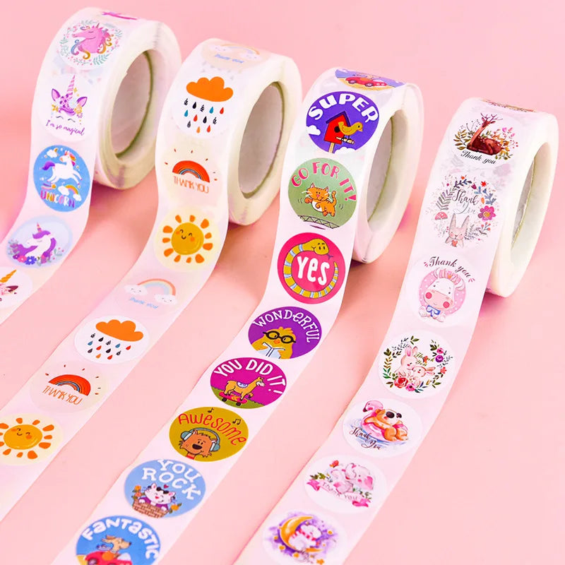 500Pcs Children's Cartoon Animal Stickers Baby Stickers Kindergarten Inspirational Little Red Flower Reward Roll Stickers