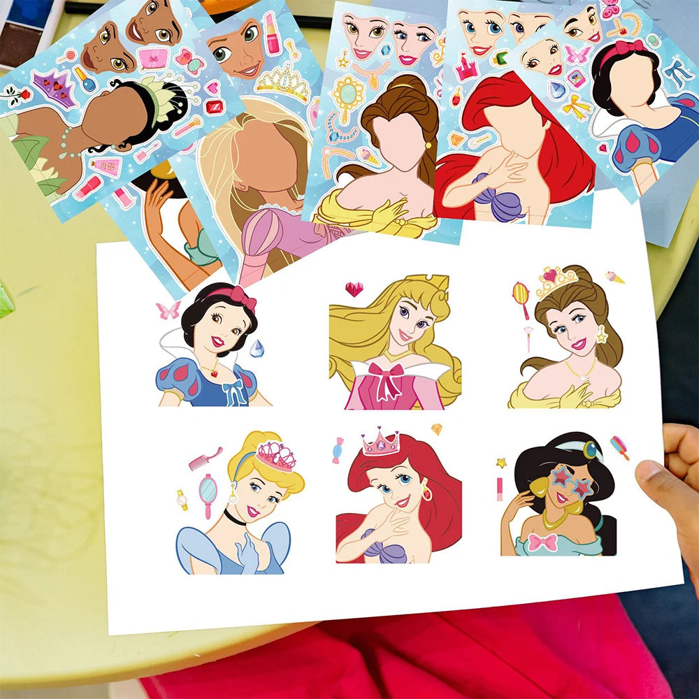 8/16Sheets Disney Princess Children Puzzle Stickers Make-a-Face Funny Cartoon Decal Assemble Jigsaw Children Education Toy Gift