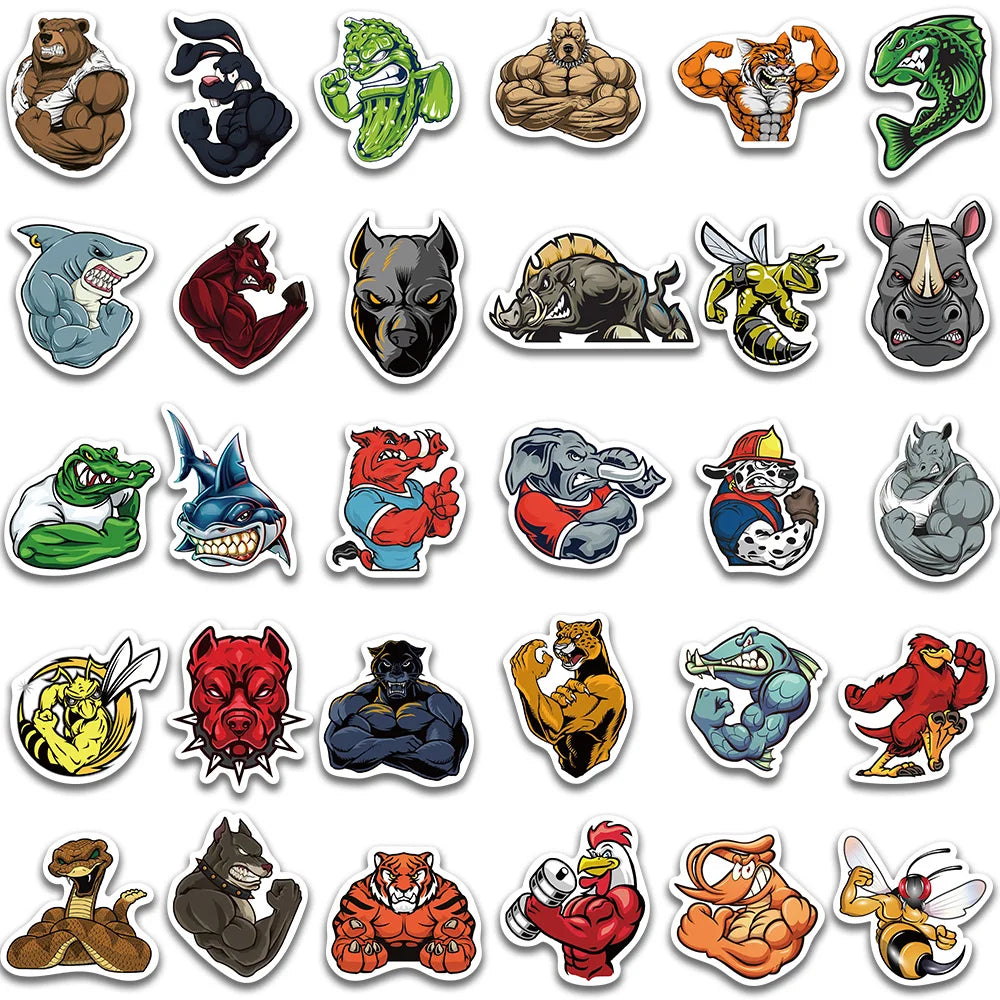 60pcs Cool Cartoon Muscle Animals Stickers For Laptop Luggage Phone Skateboard Waterproof Graffiti Bicycle Helmet Car Decals