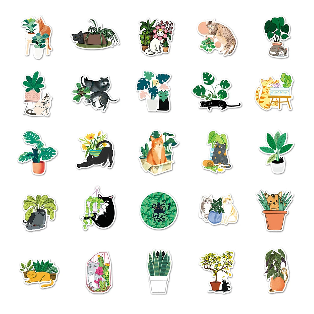 10/30/50PCS Kawaii Green Plant Cat Cartoon Stickers Graffiti For Skateboard Laptop Guitar Snowboard DIY Waterproof Car Sticker