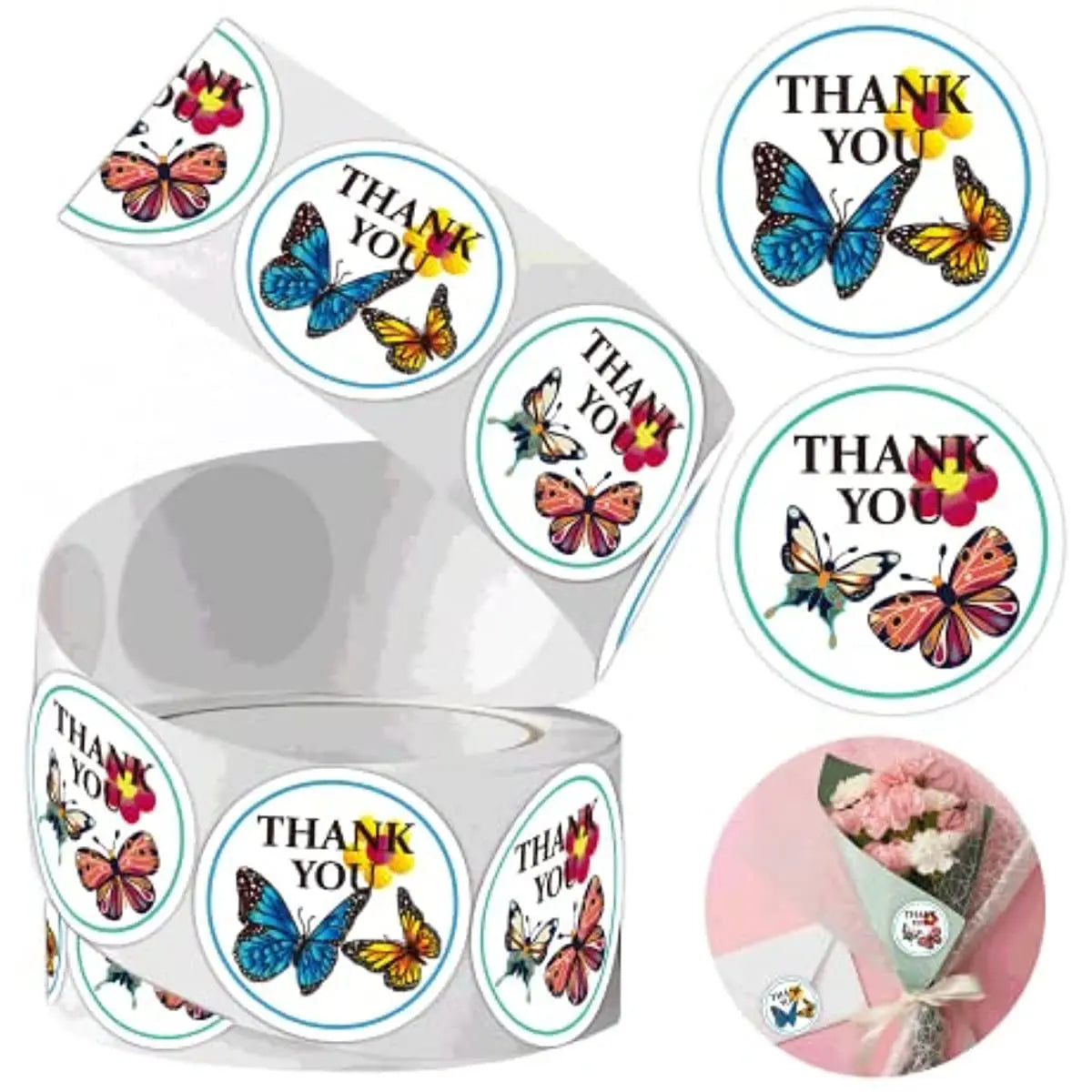 500pcs /rolls Thank You Stickers Labels Stamps Round Butterfly Multicolor Envelopes Cute Closure Wedding Decoration Sticker