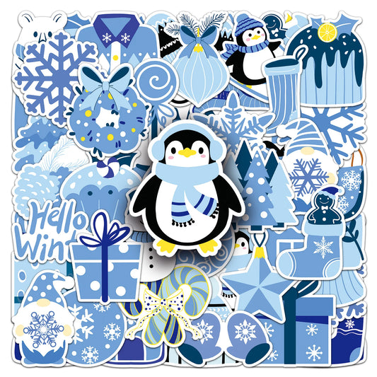 Blue Winter Cartoon Stickers: Penguin Snowflake Decals for Notebook, Phone, Fridge, Bike, Wall - 10/30/50pcs