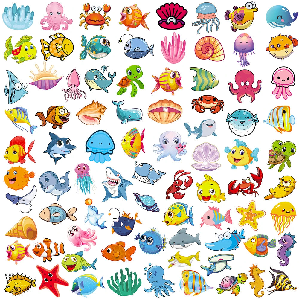 10/30/50/100pcs Cute Marine Animals Stickers Ocean World Cartoon Decals Kids Toy Scrapbook Laptop Luggage Phone Graffiti Sticker