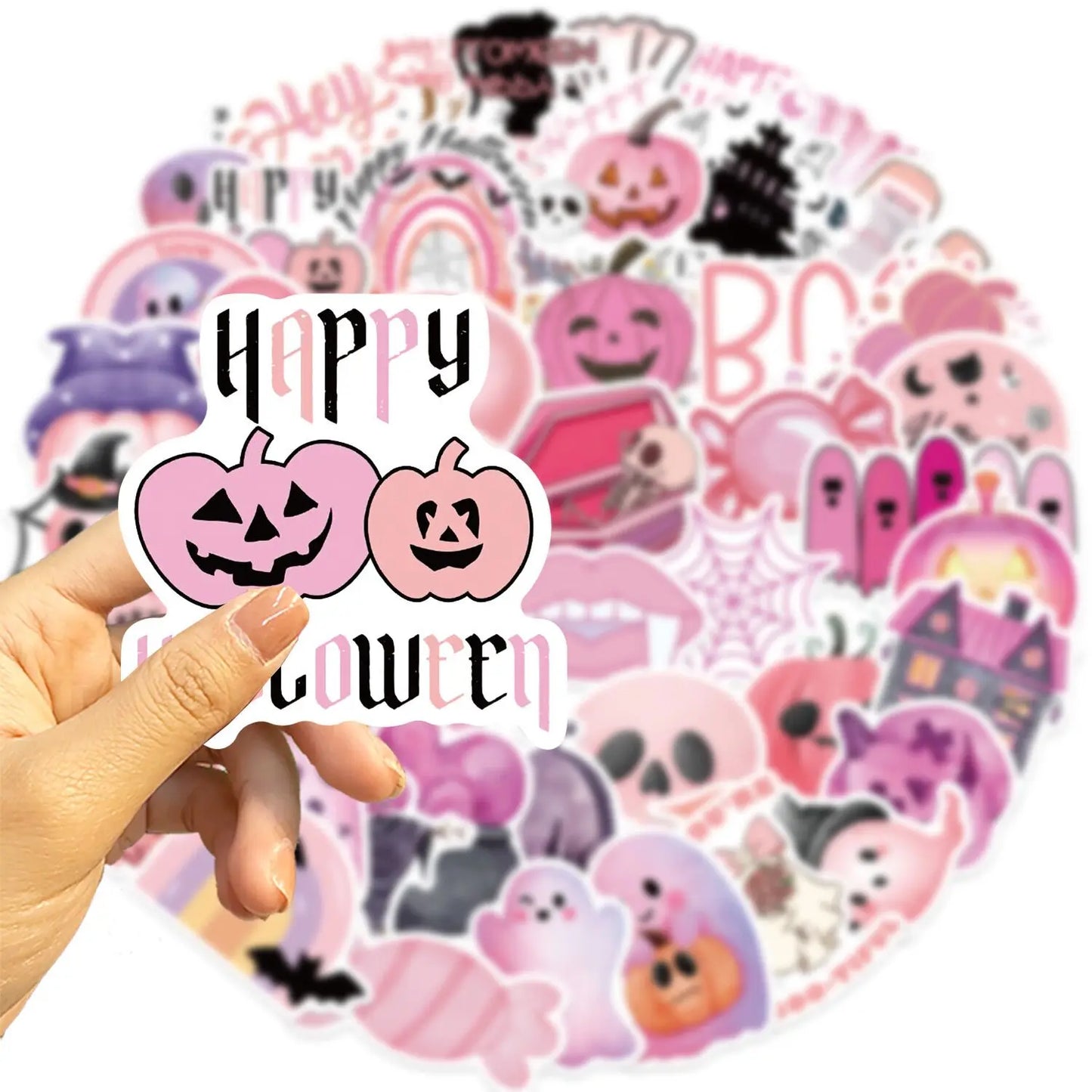 10/50pcs Kawaii Pink Halloween Ghost Skull Pumpkin Stickers Notebook Guitar Skateboard Waterproof Cute Decorative Sticker Toy