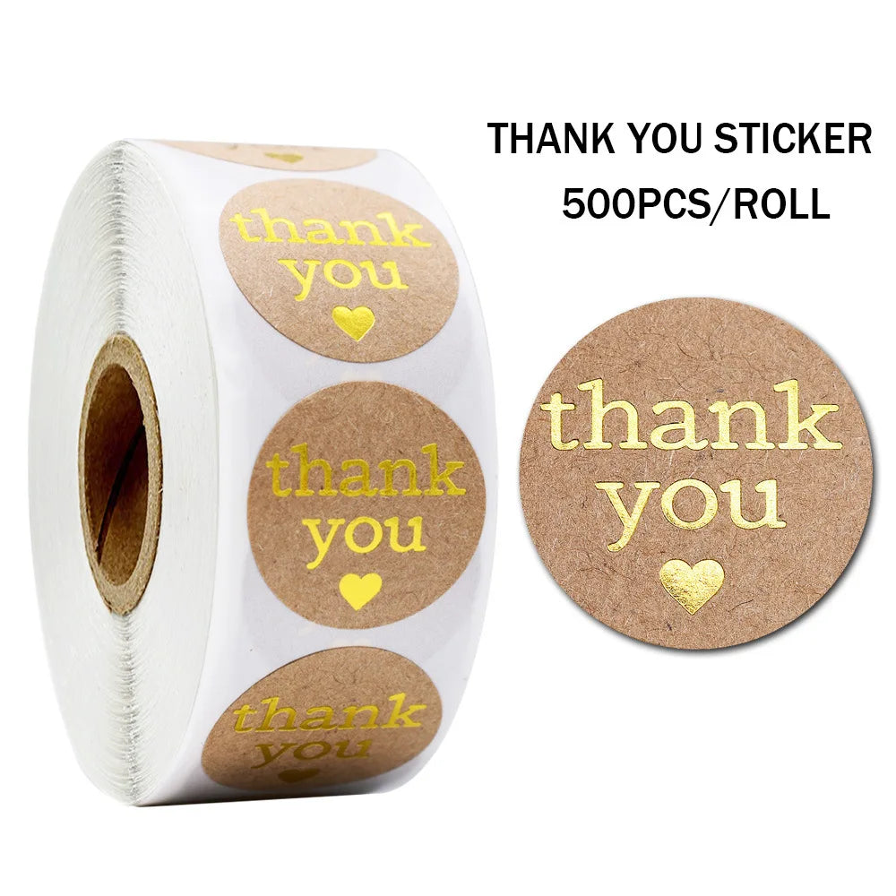 Gold Heart Thank You Stickers 1" 100-500pcs Kraft Seals