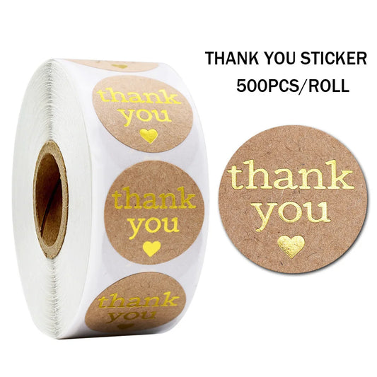 Gold Heart Thank You Stickers 1" 100-500pcs Kraft Seals