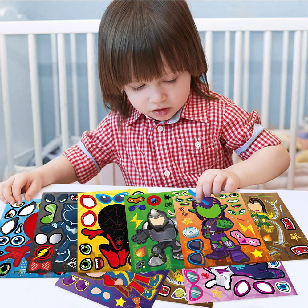 8/16Sheets Disney Marvel Spiderman and His Amazing Friends Puzzle Stickers Make a Face Game Kid DIY Children Assemble Jigsaw Toy