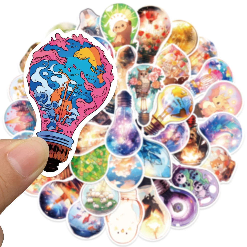 10/30/50pcs Cute World In Bulb Cartoon Stickers Aesthetic Decals Laptop Phone Suitcase Phone Car Decoration Sticker Kids Toys