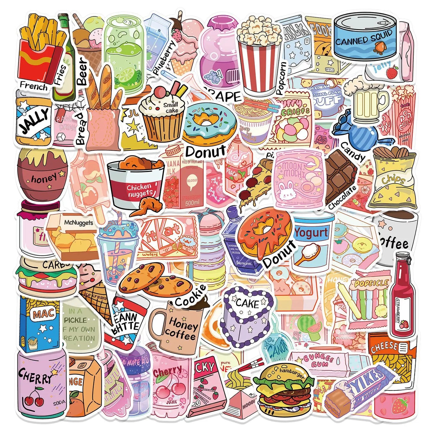 100Pcs Cartoon Snack Drink Stickers Waterproof Decals