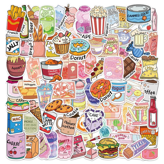 100Pcs Cartoon Snack Drink Stickers Waterproof Decals