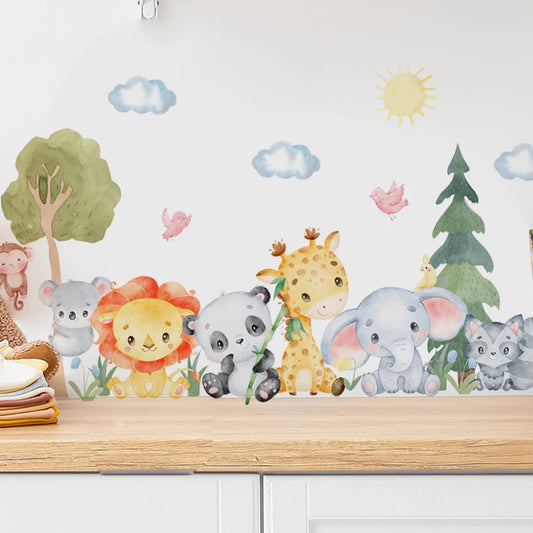 Watercolor Cartoon Lion Elephant Wall Stickers Vinyl Nursery Decals Kids Room Decor