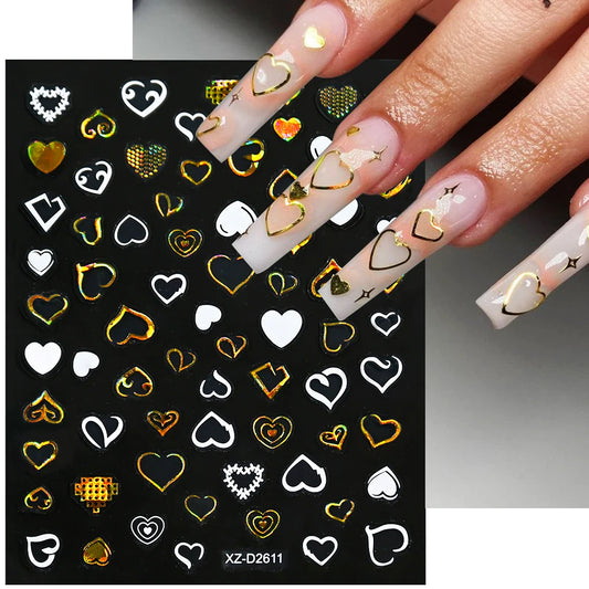 Holographic Heart Nail Stickers - 3D Gold White Decals