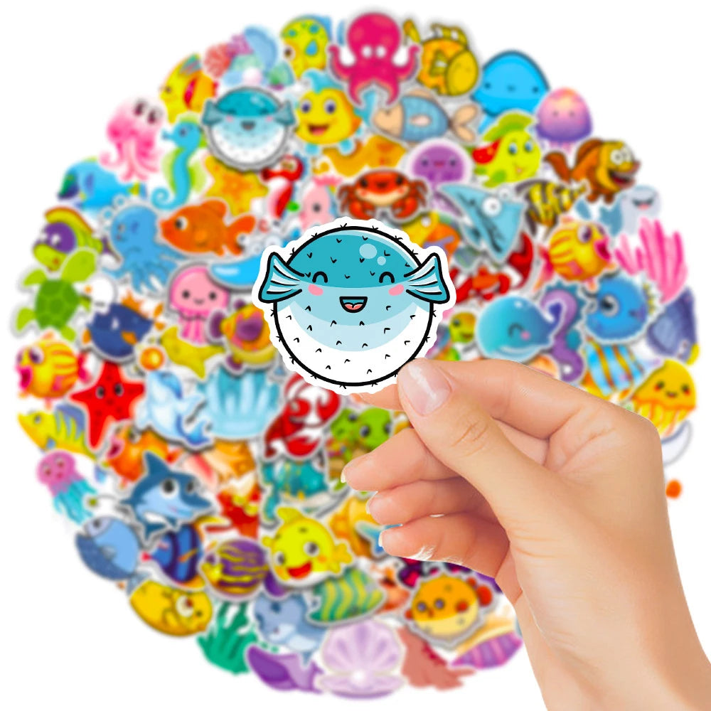 10/30/50/100pcs Cute Marine Animals Stickers Ocean World Cartoon Decals Kids Toy Scrapbook Laptop Luggage Phone Graffiti Sticker