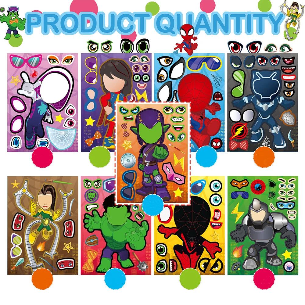 8/16Sheets Disney Marvel Spiderman and His Amazing Friends Puzzle Stickers Make a Face Game Kid DIY Children Assemble Jigsaw Toy