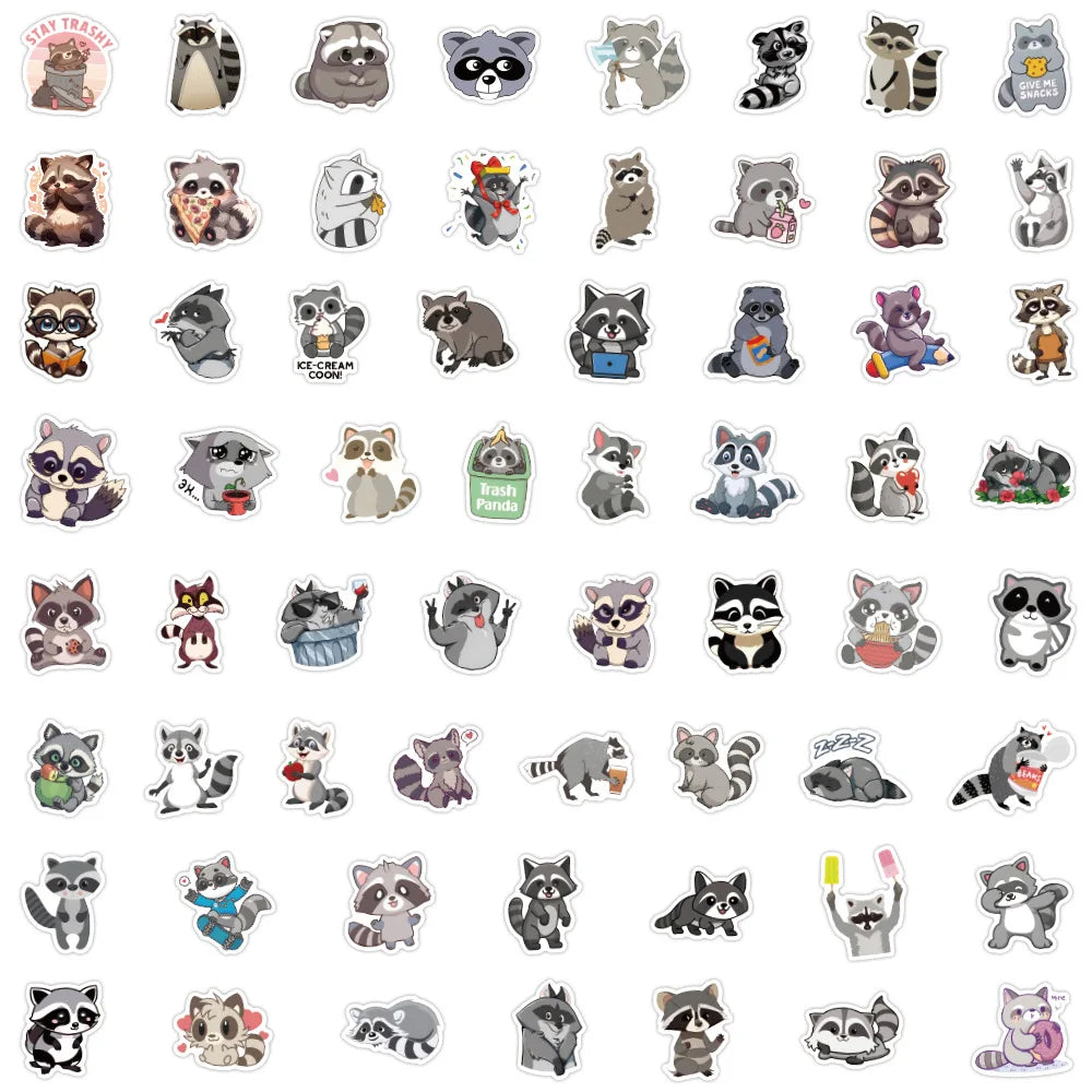 10/30/60PCS Kawaii Raccoon Stickers Cartoon Graffiti Cute Animal Decals DIY Ornament Car Bike Guitar Diary Scrapbook Kids Toy