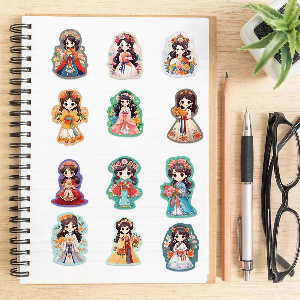 50Pcs Q Version Chinese Ancient Costume Flower Princess Girl Sticker for Kids Toy Decoration Guitar Luggage DIY Waterproof Decal