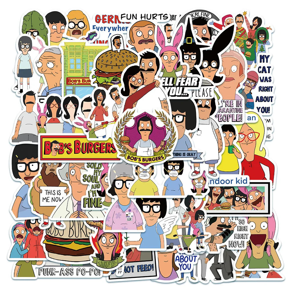 50pcs Bob's Burgers Stickers for Laptop, Phone, Car, Scooter, Suitcase, Water Bottle, Refrigerator