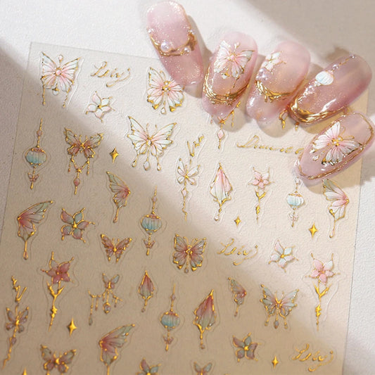 Gold Butterfly Peach Blossom Nail Art Stickers Decals