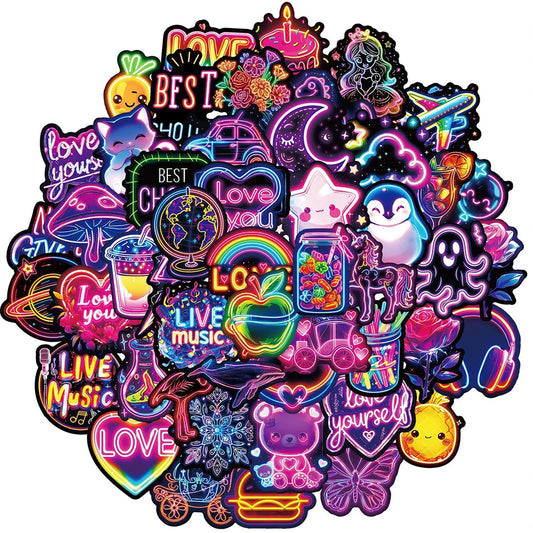 Kawaii Cartoon Neon Light Stickers for Laptop, Phone, Fridge, Scrapbook - 10/30/50pcs