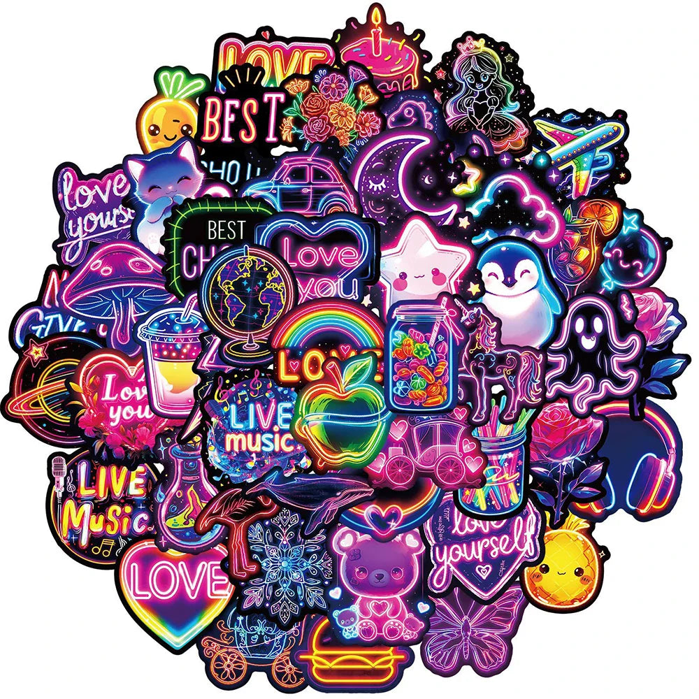 Kawaii Cartoon Neon Light Stickers for Laptop, Phone, Fridge, Scrapbook - 10/30/50pcs