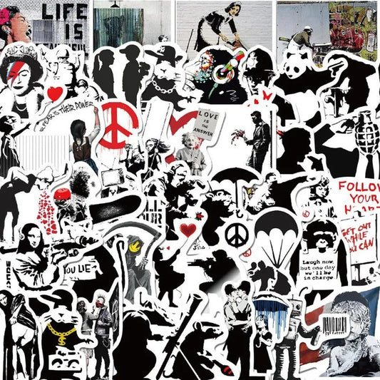 65pcs Banksy Street Art Stickers for Luggage, Water Bottles, Phones, Laptops, Scooters, Refrigerators