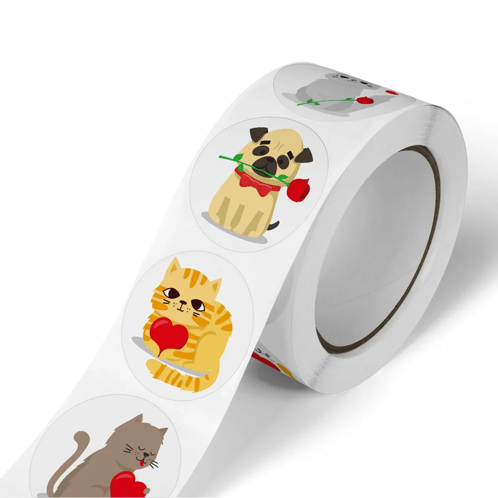 500 / roll Cute Cartoon Animal Dog Cat Sticker Gift Wrap Label Valentine's Day Decoration Self-adhesive Office Stationery