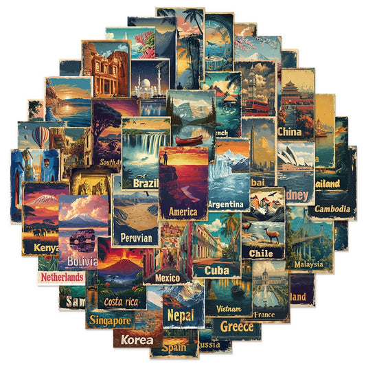 50 Retro Travel Stickers: Waterproof Decals for Luggage
