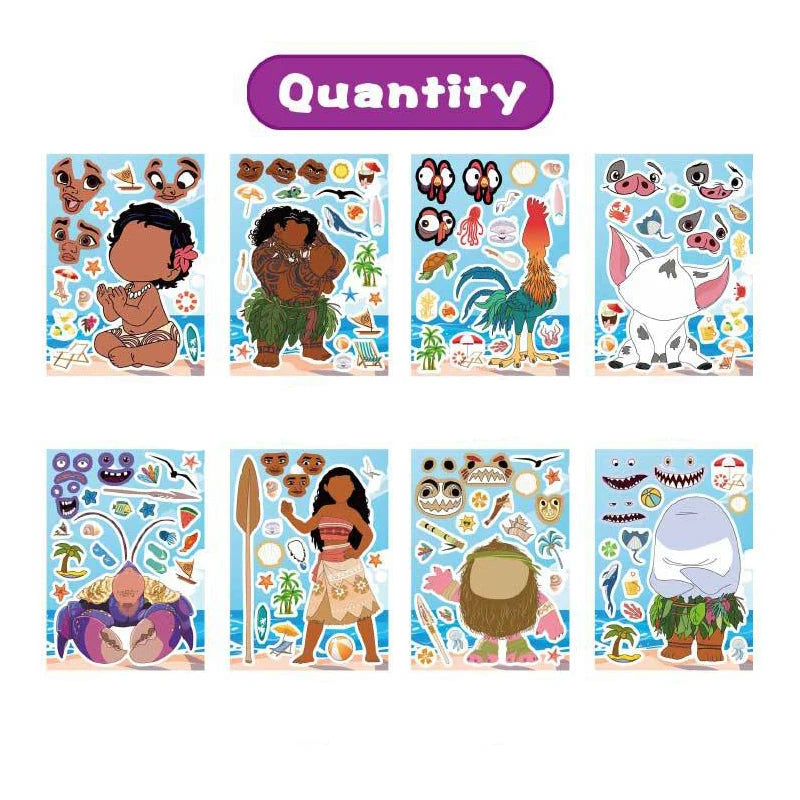 8/16Sheets Disney Moana Puzzle Stickers Game Make a Face Children Assemble Jigsaw DIY Decoration Kids Educational Toys Party