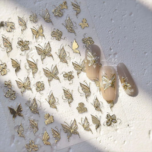 Golden Rhinestone Butterfly Flower 3D Nail Art Stickers