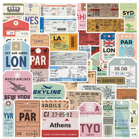 Vintage Boarding Pass Stickers: 10/20/40pcs Waterproof Decals for Laptop, Skateboard, Car, Phone