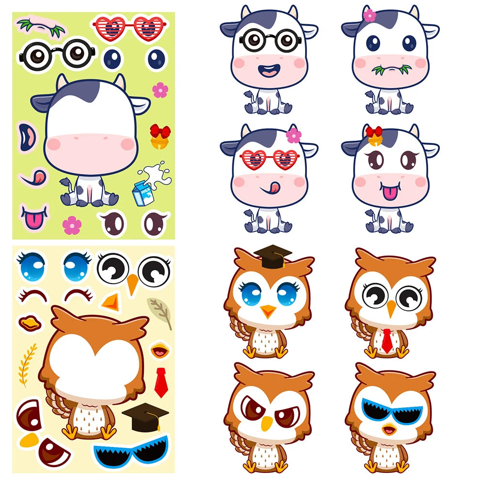 6/12Sheets Animal Make A Face Puzzle Stickers Kids Lion Owl Panda Make Your Own DIY Game Children Cartoon Jigsaw Education Toys