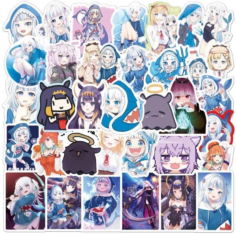 50pcs Gawr Gura Sticker Pack for Luggage, Water Bottles, Phones, Laptops, Cars, Scooters, and More