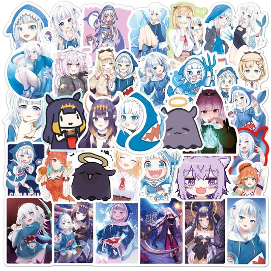 50pcs Gawr Gura Sticker Pack for Luggage, Water Bottles, Phones, Laptops, Cars, Scooters, and More