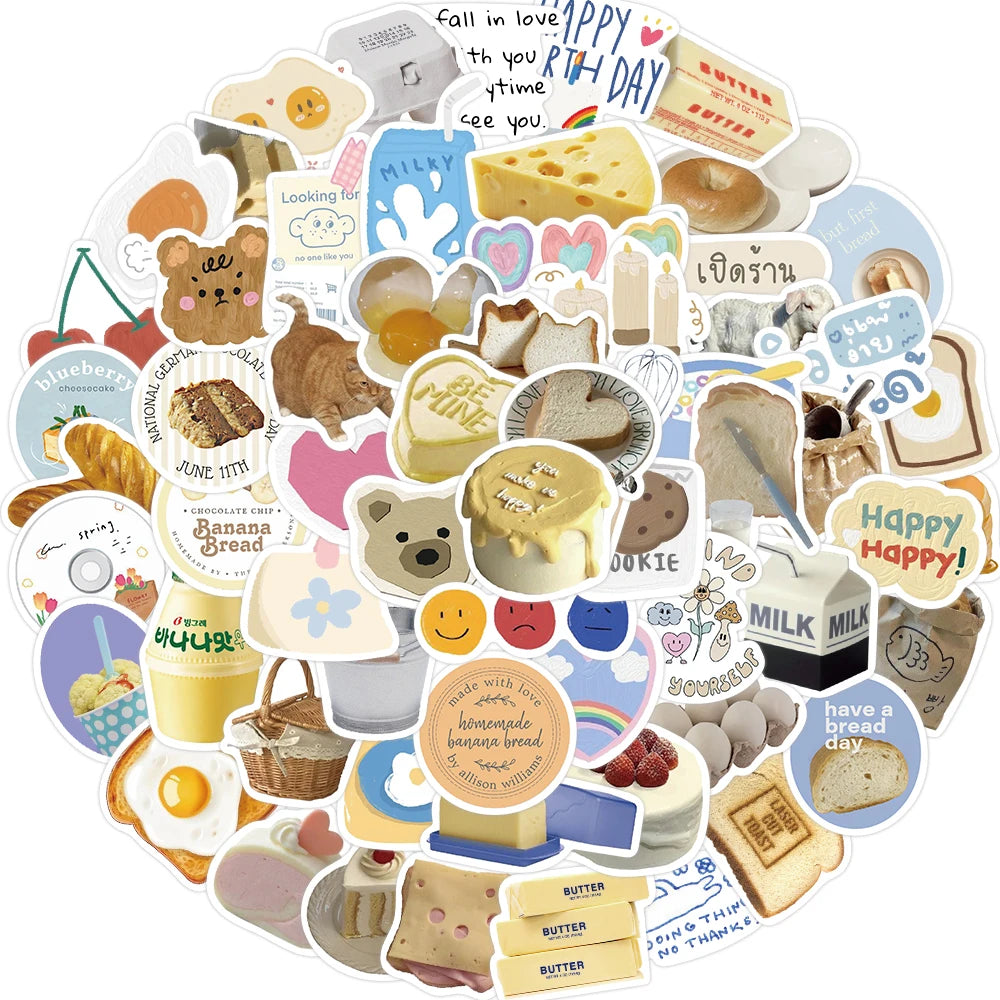 10/63pcs INS Wind Butter Bread Stickers Decals Cartoon Graffiti DIY  Notebook Luggage Wall Decoration PVC Sticker
