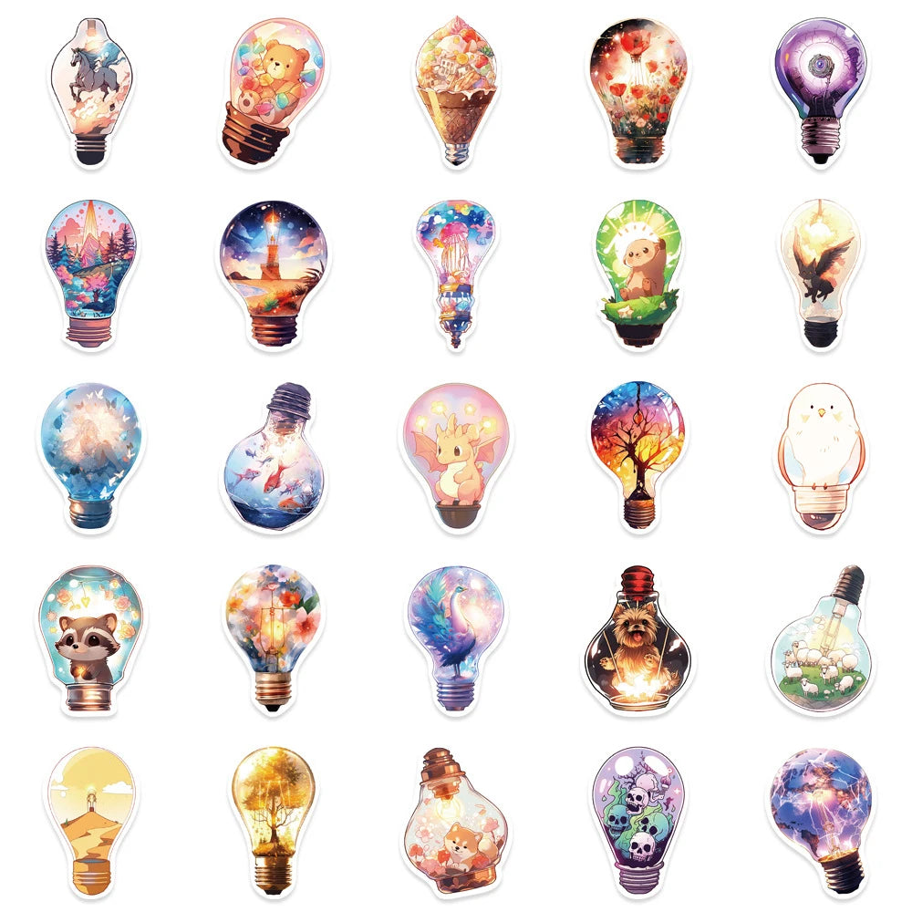 10/30/50pcs Cute World In Bulb Cartoon Stickers Aesthetic Decals Laptop Phone Suitcase Phone Car Decoration Sticker Kids Toys