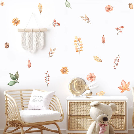 Boho Leaves Flowers Berries Acorn Watercolor Wall Decals Removable Vinyl Home Decor